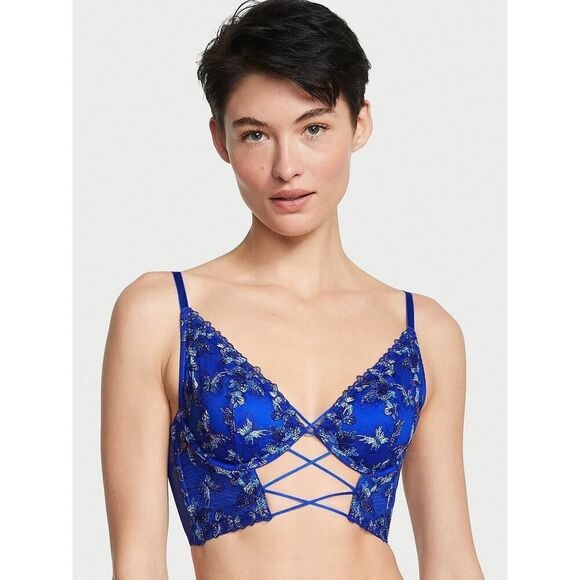 NWT Victorias Secret Butterfly Embroidery Blue Corset Bra sz M - Picture 2 of 7